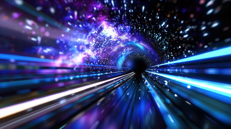 A stunning abstract cosmic tunnel visualization featuring vibrant colors and streaks of light, conveying a dynamic sense of speed and motion through a vast universe.の素材