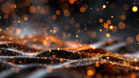 This abstract image features shimmering lights and particles that create a captivating visual effect. Soft waves of glowing elements in dark tones elegantly dance throughout the composition, providing a mesmerizing background.の素材