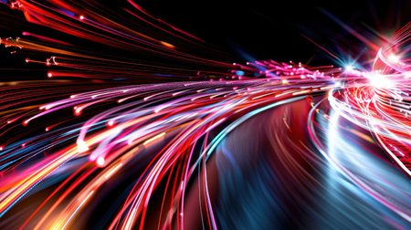 An abstract representation of vibrant light trails, showcasing the dynamic energy and colorful motion in a dark, night environment.の素材