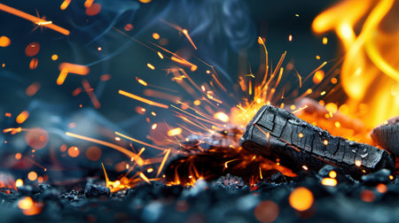 A mesmerizing close-up image capturing glowing charcoal embers and dancing sparks in a dark fireplace, evoking warmth and cozy ambiance.の素材