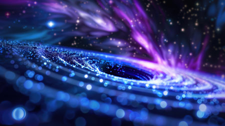An enchanting depiction of a cosmic spiral featuring vibrant colors and twinkling lights set against a dark stargazing backdrop, illustrating the wonders of the universe.の素材