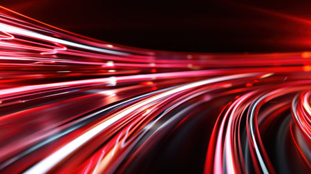 A mesmerizing display of dynamic red light trails creates a stunning abstract composition. The smooth motion blur adds depth and energy, perfect for various artistic projects.の素材