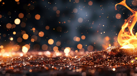A mesmerizing display of flames and sparkling particles illuminates a dark scene, creating an enchanting visual experience filled with warmth and energy.の素材