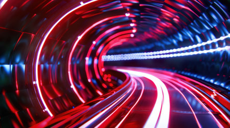 Experience a mesmerizing journey through a vibrant neon tunnel filled with flowing lights and dynamic patterns, perfect for technology and entertainment themes.の素材