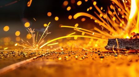 A striking image showcasing bright sparks and glowing embers from burning wood, capturing the intense beauty and dynamic movement of fire in a dramatic close-up.の素材