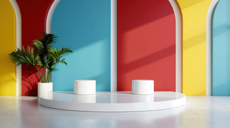 This vibrant interior space features a modern design with colorful walls and a minimalist aesthetic. The interplay of sunlight and clean lines creates a serene atmosphere.の素材