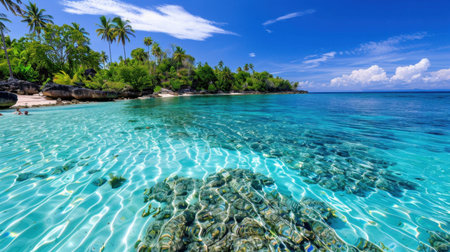 Discover a tranquil tropical beach featuring crystal clear water and vibrant greenery under a bright blue sky, perfect for relaxation and exploration.の素材