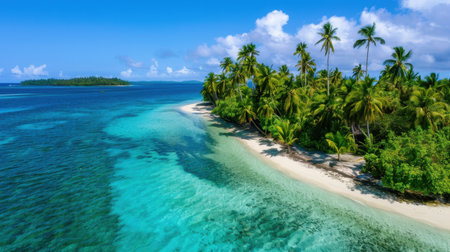 Experience the breathtaking beauty of a tropical island with crystal clear waters and lush palm trees, perfect for a serene getaway in paradise.の素材