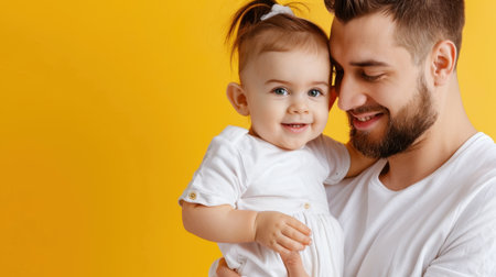 A joyful father embraces his adorable baby girl, both smiling brightly against a vibrant yellow background, capturing a heartwarming family moment filled with love and happiness.の素材