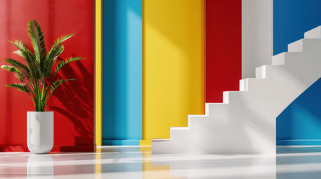 A striking modern interior showcasing vibrant walls in red, yellow, and blue alongside sleek white stairs and a stylish plant, perfect for design inspiration.の素材