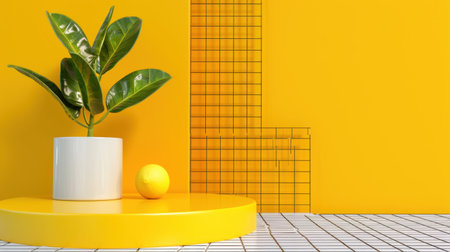 This vibrant still life features a lush green plant in a white pot, set against a bold yellow backdrop with a geometric grid pattern. The circular platform and bright ball enhance the modern aesthetic, making it perfect for contemporary home decor or creative projects.の素材