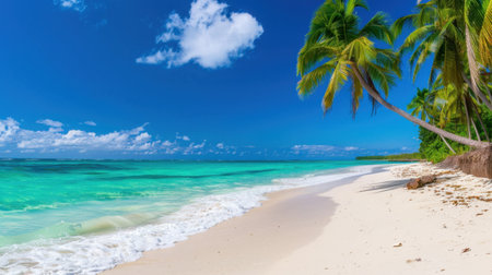 Experience the beauty of a serene tropical beach with sparkling turquoise water and soft white sand, perfect for relaxation and vacation.の素材