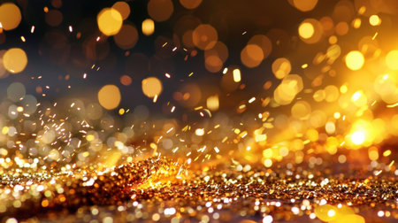 This captivating image showcases glimmering gold particles set against a soft bokeh backdrop. The enchanting glow creates an ideal visual for celebrations, luxury projects, and artistic designs.の素材