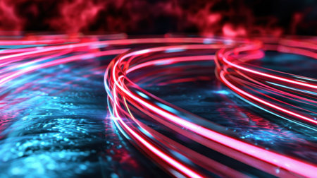 This image features a captivating display of abstract neon lights swirling above a reflective water surface, creating a dynamic and vibrant visual experience.の素材