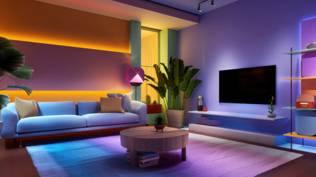 A cozy living room showcasing modern design elements with vibrant colors and soft lighting. The stylish furniture and artistic arrangement create a welcoming atmosphere ideal for relaxation and comfort.の素材