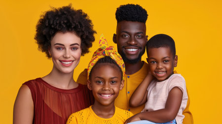 This vibrant family portrait features a joyful family with bright smiles set against a cheerful yellow background, showcasing love and unity.の素材