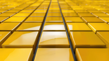 A close-up view of glossy yellow tiles arranged in a vibrant pattern, showcasing a modern abstract design ideal for decorative purposes.の素材