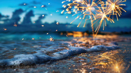 A mesmerizing beach scene captures the beauty of sparkling fireworks lighting up the night sky above tranquil ocean waves, creating a serene atmosphere perfect for celebration.の素材