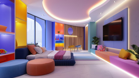 A beautifully designed modern bedroom showcasing vibrant colors, stylish lighting, and unique decor elements that create a cozy and inviting atmosphere.の素材