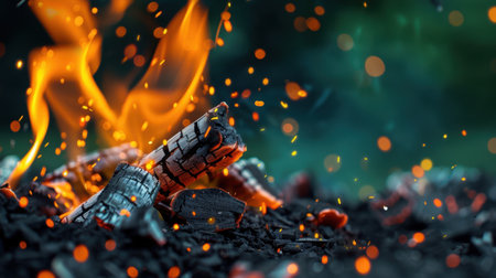 This captivating image showcases a close-up view of glowing embers and vibrant flames, with sparks dancing against a soft, blurred green background, evoking warmth and beauty.の素材