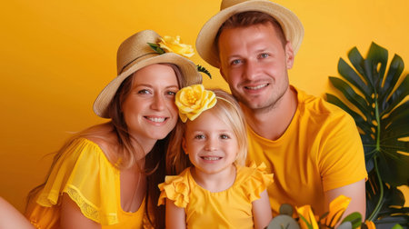 A joyful family portrait showcasing a mother, father, and daughter wearing matching yellow outfits, smiling brightly against a vibrant backdrop, exuding happiness.の素材