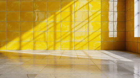 A vibrant yellow wall features dynamic shadow patterns created by sunlight streaming through a window, enhancing a modern interior. Ideal for design concepts.の素材