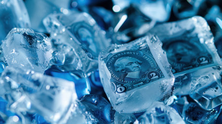 A close-up view of ice cubes containing dollar bills, creating a striking visual representing finance and money in a cold environment.の素材