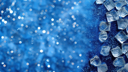 This image features a stunning display of ice cubes scattered on a vibrant blue background, enhanced with a dreamy bokeh effect, evoking a sense of cool refreshment.の素材