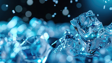 A captivating close-up of crystal clear ice cubes glistening on a dark surface, enhanced by soft blue bokeh lights, perfect for beverage themes.の素材