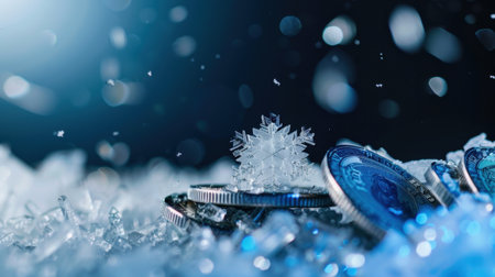 An artistic composition featuring frosted coins surrounded by ice crystals and a prominent snowflake, capturing the essence of winter savings and finance clarity.の素材