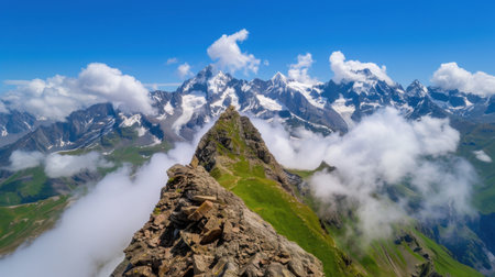A stunning high view showcasing a majestic mountain range enveloped in fluffy clouds under a vibrant blue sky. Perfect for showcasing natural beauty.の素材