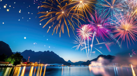 A spectacular night scene featuring colorful fireworks lighting up the sky above a serene lake and majestic mountains, embodying celebration and joy.の素材