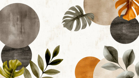 This captivating abstract artwork blends tropical leaves and geometric shapes in earthy tones, creating a fresh and modern aesthetic for home decor.の素材