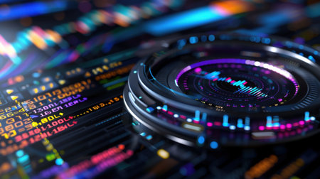 This captivating image features a vibrant digital background with intricate patterns and glowing circular designs, symbolizing technology and data analytics.の素材