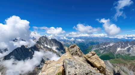 Experience the stunning beauty of a mountain landscape where rugged peaks meet a vibrant blue sky filled with fluffy clouds, showcasing nature's tranquility.の素材