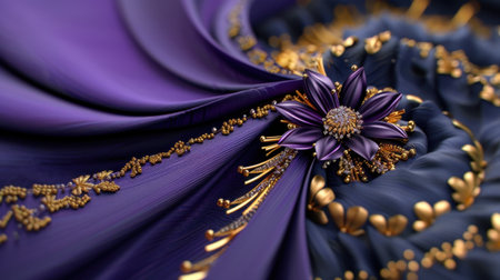 This stunning abstract image showcases elegant purple fabric intertwined with golden accents and a floral design, creating a rich and luxurious atmosphere.の素材