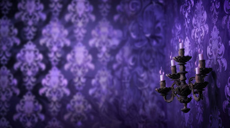 A sophisticated candle holder enhances the beauty of a luxurious purple damask wallpaper, creating a warm and inviting ambient glow in interior spaces.の素材