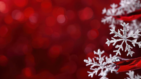 This stunning image features glimmering snowflakes on a Christmas tree, set against a soft, blurred red background, perfect for festive themes and holiday decor.の素材
