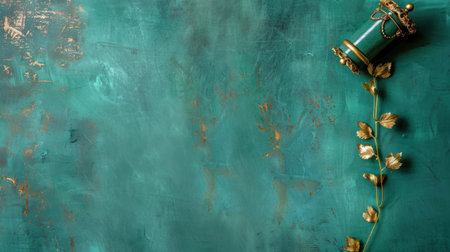 This elegant green and gold background features vintage elements and floral accents, perfect for stylish designs, interior decor, and artistic projects.の素材