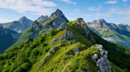 A stunning view of rugged peaks and lush green hills under a bright blue sky, showcasing the beauty of nature in a serene mountain landscape. Ideal for travel enthusiasts.の素材