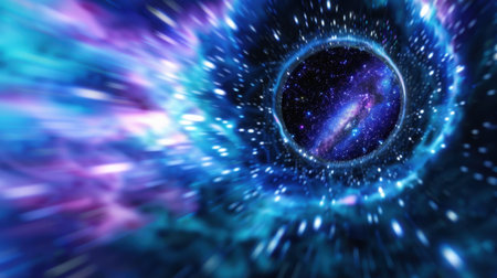 This stunning cosmic vortex image showcases a vibrant array of colors and a spiral formation leading deep into space, revealing a mesmerizing galaxy.の素材