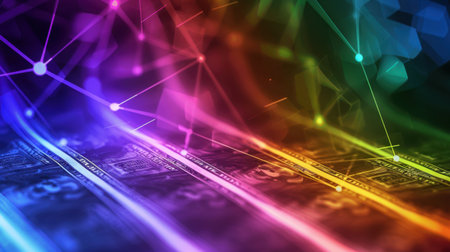 Eye-catching abstract image featuring colorful patterns with digital currency elements and technology connections, symbolizing innovation in finance.の素材