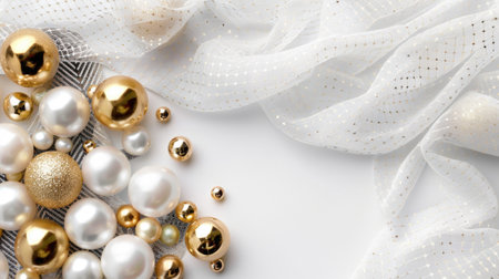 This image showcases an elegant arrangement of gold and silver decorative ornaments alongside soft white fabric, perfect for festive celebrations and holiday decor.の素材