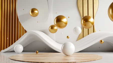 This image showcases a modern abstract interior design with flowing white waves, golden spheres, and a minimalistic studio backdrop, creating an elegant atmosphere.の素材