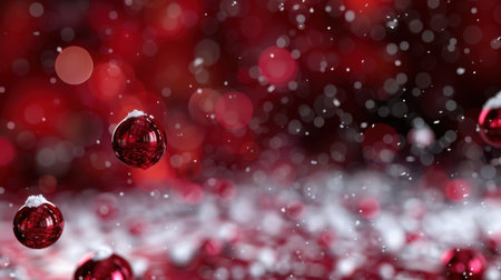 A captivating scene featuring red ornaments gracefully falling on a snow-covered surface, accompanied by delicate snowflakes and soft bokeh lights, evoking a festive winter atmosphere.の素材