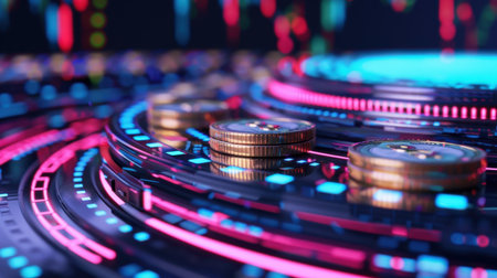 A close-up view of shiny cryptocurrency coins resting on a digital circuit board. The vibrant colors and intricate patterns symbolize modern finance technology and investment trends.の素材