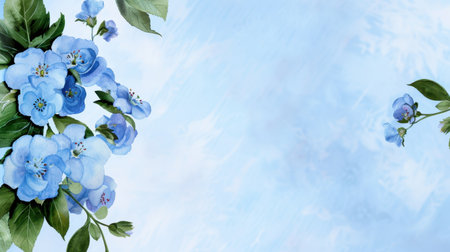 This exquisite illustration features delicate blue flowers entwined with lush green leaves against a soft blue background, perfect for creating a serene atmosphere.の素材