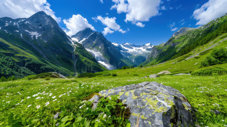 Breathtaking view of a lush alpine landscape featuring a vibrant green meadow and towering snow-capped mountains under a clear blue sky.の素材