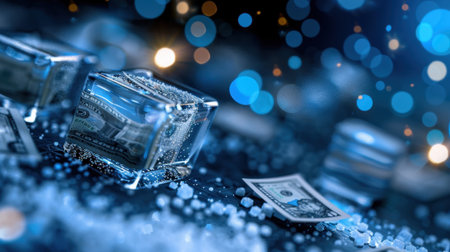 A captivating image of frozen cash depicted through ice cubes containing dollar banknotes, set against a shimmering blue backdrop that evokes finance and luxury.の素材