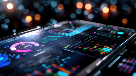 A captivating close-up of a smartphone displaying vibrant data visualizations, including graphs and charts, set against a softly blurred night background.の素材